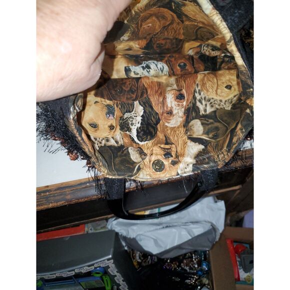 A Puppy Dog Pattern Satchel Purse Frilly Top Handle Beaded Quilted - Picture 15 of 15